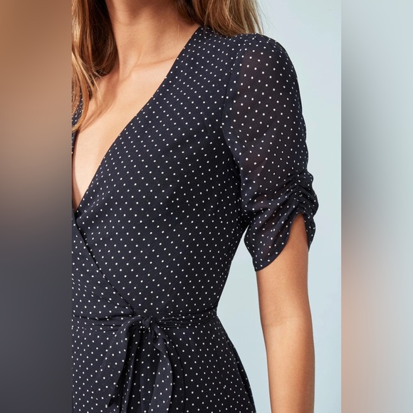 REFORMATION Button Polka Dot Mini Wrap Dress in Navy Blue - Picture 3 of 7